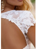 Short Sleeves Beaded Ivory Lace Tulle Keyhole Back Wedding Dress